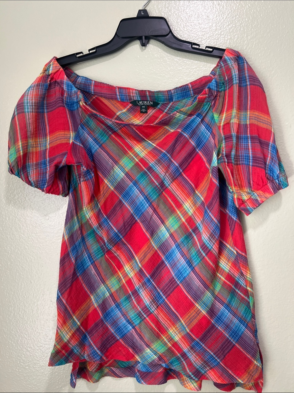Lauren Ralph Lauren Red Multicolor Plaid Off-Shoulder Puff Sleeve Top